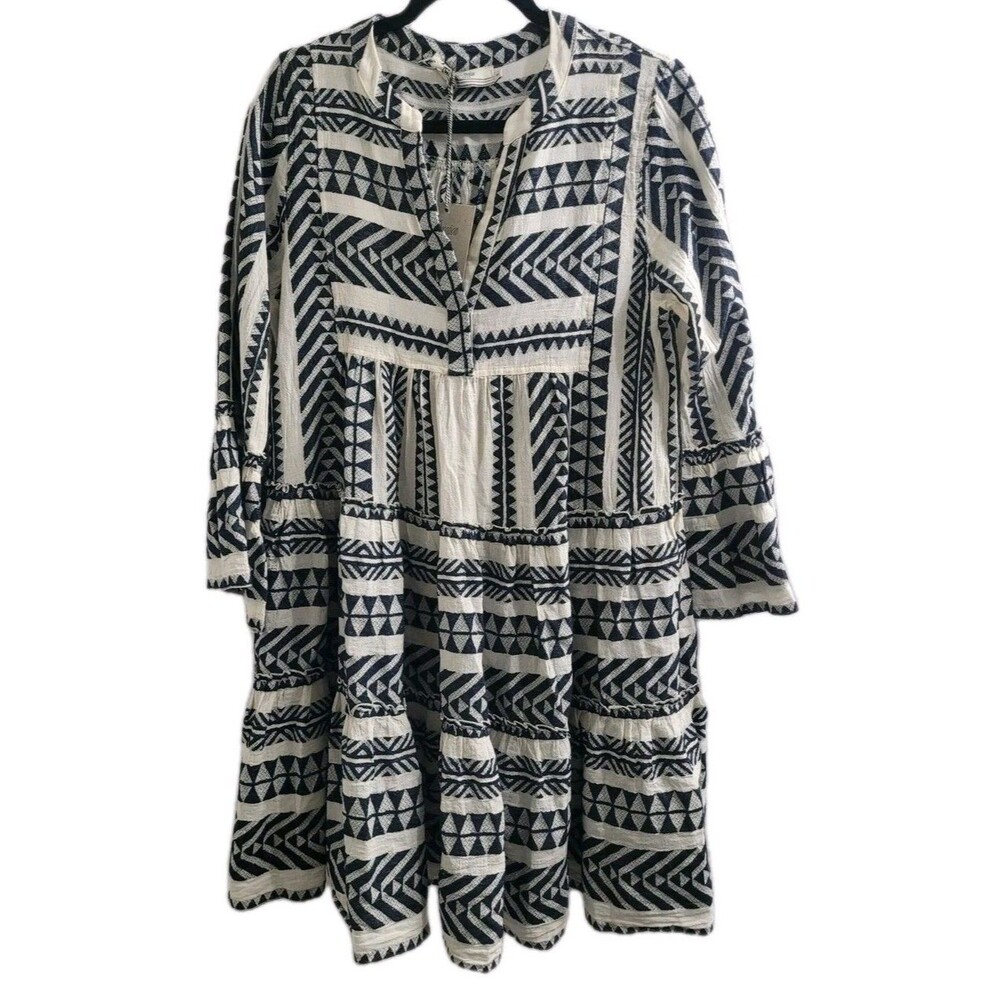 Devotion Twins Ella Dress Small Navy Off White Cotton Tiered Boho NWT Greece
